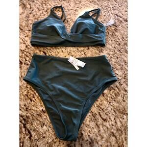 Cupshe Olive Green Two Piece Mid Rise Bikini Full Bottoms Swimsuit Set Sz Small